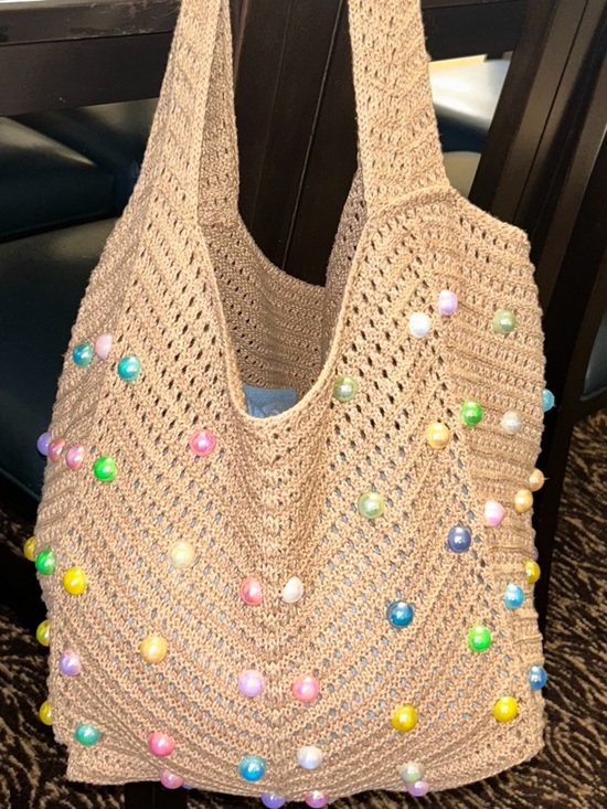 Handbags - Beige Crochet Shoulder Bag with Multicolor Bead Accents